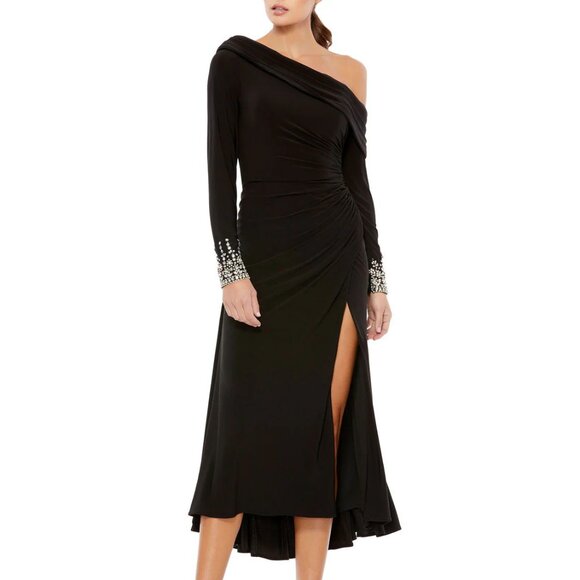 Ieena for Mac Duggal  Black Foldover Long Sleeve Jeweled Midi Dress - Picture 1 of 12
